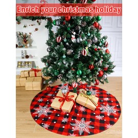 Christmas Tree Skirt Red and Black Buffalo Plaid Tree Skirt Snowflake Design, 48 inches Thick Layer Farmhouse Rustic Xmas Tree Skirts for Christmas Decorations and New Year Holiday Party