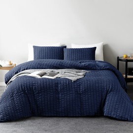 My home store Seersucker Navy Single Duvet Cover Set with 1 Pillowcase – Soft Breathable 2 Pcs Quilt Cover Polyester Cotton Bedding Set