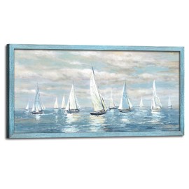 Ocean Wall Art Bathroom Framed: Abstract Seascape Wooden Picture Decor Sailboat Nautical Print Artwork Blue Sea Sailing Painting for Bedroom Living Room Home
