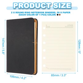 PATIKIL 6 Ring Binder Cover, 2 Pack A7 Leather Notebook Binder Mini Refillable Loose Leaf Personal Planner with 50 Sheets Line Paper, Black/Brown