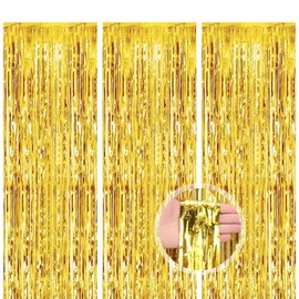 DEARBAG Pack of 3 Tinsel Curtain, Gold Glitter, Metallic Glitter Curtain, Fringe Foil Fringe Curtain, Sparkle Curtain Decoration for Christmas Tree, Birthday, Party, Wedding, Stage Decoration