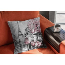 sistwon Oil Painting Paris Eiffel Tower Throw Pillow Covers 18x18, Set of 4 Pink Eiffel Tower Decor Bedroom Decor for Couples Square Outdoor Pillow Case (pillows-009)