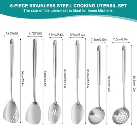 6Pcs Stainless Steel Kitchen Utensils Set – Cooking Utensils Set Stainless Steel, Metal Cooking Utensils with Wok Spatula, Serving Spoons,Ladle Set– Durable Cooking Supplies for Home and Camping