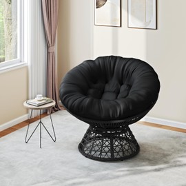 Yaheetech 40" Ergonomic Swivel Wicker Papasan Chair with Thick Tufted Cushions, High Capacity Frame, 360 Degree Rotatable Chairs for Living Room/Bedroom/Reading Room, Black