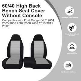 FIOQE 60/40 High Back Bench Seat Cover Without Console Cover Compatible with Ford Ranger XLT 2004 2005 2006 2007 2008 2009 2010 2011 2012-Gray