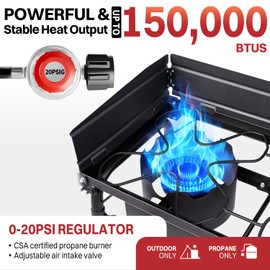 2 Burner Propane Camp Stove | 150,000 BTU Gas Burners | Side Shelves | Windscreen | Waterproof Cover | Detachable Legs | Ideal for Camping Backyard Outdoor Cooking