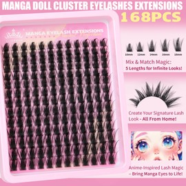 Doll Lash Clusters Manga Eyelash Extensions Cosplay Spiky Individual Lashes Extensions Anime Eyelash Clusters 168Pcs 10MM-18MM Thick Natural DIY Clusters