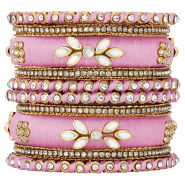 Aheli Silk Thread Kundan Studded Chura Chuda Bangle Set Gift for Women (2.6 inch, Light Pink)