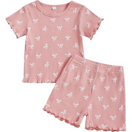 Fnaobai Toddler Baby Girl Summer Clothes Ruffle Ribbed Knitted Short Sleeves Cute Bow T-Shirt Tops and Shorts Outfit, pink, Ages 2 - 3