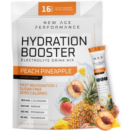 New Age Hydration Packets, Electrolytes Powder, Liquid Enhancer for Dehydration Relief, L-Glutamine Amino Acids for Muscle Workout Recovery, Sugar Free & 0 Calorie, 16 Packets (Peach Pineapple)