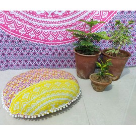 24" Yellow Orange Ombre Mandala Barmeri Large Floor Pillow Cover Cushion Meditation Seating Ottoman Throw Cover Hippie Decorative Zipped Bohemian Pouf Ottoman Pom Pom Cases 24 " round