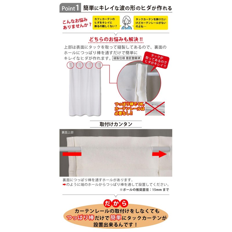 Sunnyday Fabric Tuck Cafe Curtain Coton, Approx. Width 23.6 inches