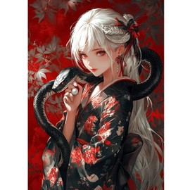 QENSPE 5D Diamond Art Japanese Lady, DIY Diamond Painting Kits for Adults, Round Full Drill, Snake Diamonds Dots Mosaic Painting, Crystal Gem Arts Craft for Home Wall Decor 12x16 in