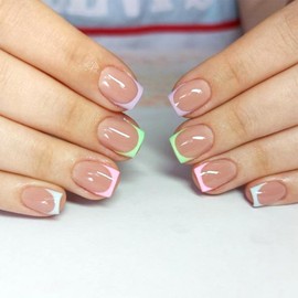 Colorful French Tip Press on Nails Short Square Fake Nails Glossy Nude Glue on Nails Reusable Acrylic Stick on Nails for Women DIY Artificial Nails