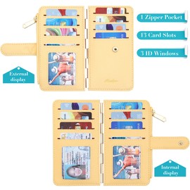 Badiya Credit Card Holder for Women RFID Blocking Slim Wallet Bifold Multi Card Case Zipper Pocket with 3 ID Window, Yellow, one size, Credit Card Holder