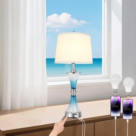 MARYRAIN Blue Glass Nightstand Lamps, Bedside Lamps with USB-C/A Ports, 27’’ Table Lamps for Bedroom, 3 Way Dimmable Touch Lamps for Living Room, LED Bulb Included -1 Pack