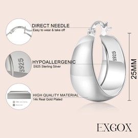 EXGOX Gold Hoop Earrings for Women Sterling Silver Post Hoops Earrings for Women Wide Thick Silver Hoop Earrings Hypoallergenic Lightweight 14k Real Gold Plated Hoop Large Earrings (25/30/40/50MM)