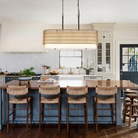 HMVPL Rattan Chandeliers for Dining Room, Boho Dining Room Light Fixture, 5-Lights Linear Kitchen Chandeliers Pendant Light with Fabric Shade, Long Farmhouse Chandelier for Kitchen Island(31.5")