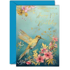 Beautiful Gold 19th Birthday Cards for Women Men - Wonderful Golden Birds Hummingbird - Elegant Traditional Pretty Birthday Card for 19 Year Old Woman Man Her Him, 5x7 Inch Gorgeous Greeting Cards