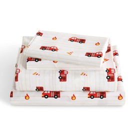 LONAVA Twin Sheet Set Kids - Firetruck 3 Pieces Soft Cute Microfiber Bed Sheet for Boy Girls Teens, Oeko Texted Breathable Cooling Fabric & Deep Pocket Full Elastic Sheets