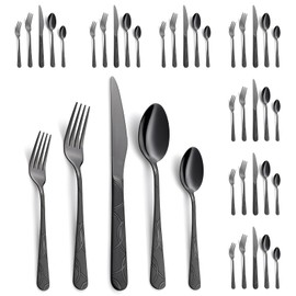 GoGeiLi 40-Piece Black Flatware Set, Stainless Steel Cutlery Set Service for 8, Frost Finish Mirror Polished Silverware Includes Knife Fork Spoon Set, Dishwasher Safe