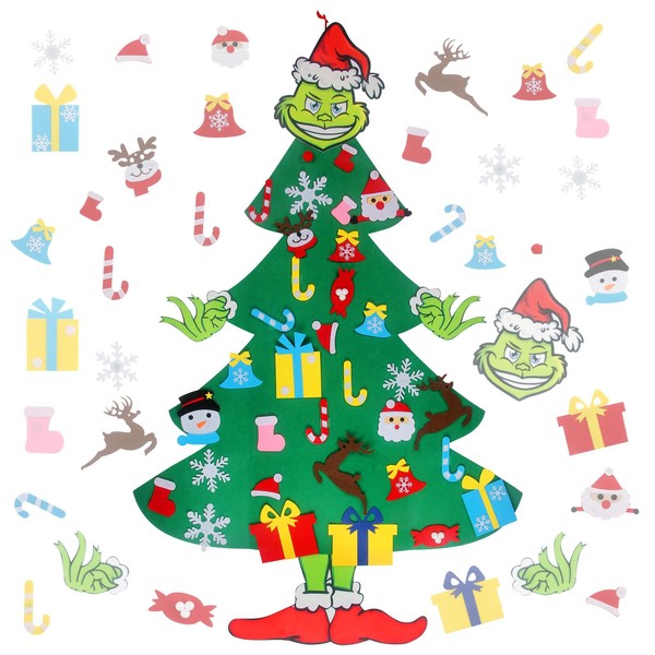 GameXcel 4.5FT DIY Grinch Felt Christmas Tree Set with 37pcs Ornaments - Wall Hanging Felt Xmas Tree for Kids Toddlers Christmas - Baby New Year Gift Decorations Party Supplier
