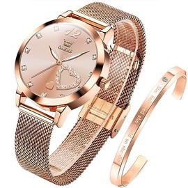 OLEVS Women's Watch Rose Gold with Heart Diamond Black White Face Quartz Wrist Watch Waterproof Belt Bangle Set, pink, Bracelet