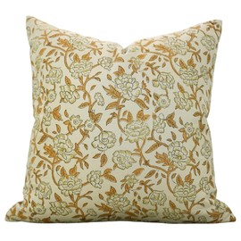 Fabritual Handmade Block Print Cotton Satin 24X24 inch Throw Pillowcase Cushion Cover, Home Décor, Living Room, Sustainable for Sofa and Couch, Floral Printed with Boho Design, Mrignayani, Brown