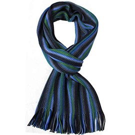 Rotfuchs Knitted Scarf Men's Scarf Wool Multicoloured Green Navy Medium Grey 200 x 25 cm, Stripes, navy green, grey