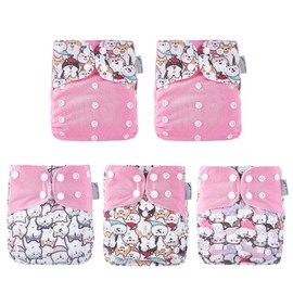 KaWaii Baby Happy Girl Pack, 5 One Size Pocket Cloth Diapers, Leakproof Adjustable Reusable Nappies, use with Insert, prefold or Fitted 8-36 lbs