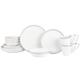 Everyday White by Fitz and Floyd Nevaeh Bone China Coupe Platinum Bands Dinnerware Set, Service for 4