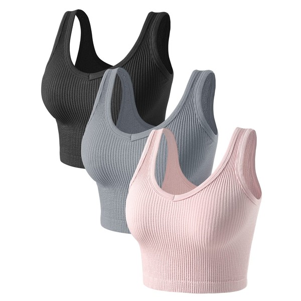 PINKSAVIOR Womens Crop Tops Basic Sleeveless V-Neck 3 Pieces Black