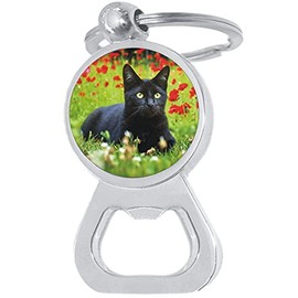 Black Cat and Flowers Bottle Opener Keychain