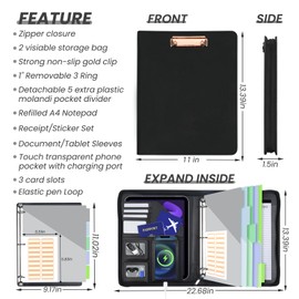 KLLVE Clipboard with Storage for Men Women, Leather Padfolio Portfolio with Zipper, 1 Inch 3 Ring Binder 5 Dividers, Notepad for Letter Size, Elastic Closure and Pen Loop, Card Slot Black
