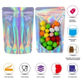 RIGHTPAK One Side Clear Holographic Stand Up Pouches with Resealable Zipper and Tear Notch for Food Packaging (25, 9cm x 14 cm)