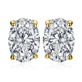 JewelryPalace Oval Cut 2ct Cubic Zirconia Solitaire Stud Earrings for Women, 925 Sterling Silver 14k Yellow Gold Plated Earrings for Her, Classic Simulated Diamond Earrings VVS D-F