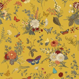 VEELIKE 17.7''x354'' Yellow Floral Peel and Stick Wallpaper Vintage Herbs Marigolds Floral Wallpaper Mural for Bedroom Nursery Prepasted Removable Yellow Wallpaper Floral Contact Paper for Walls Shelf