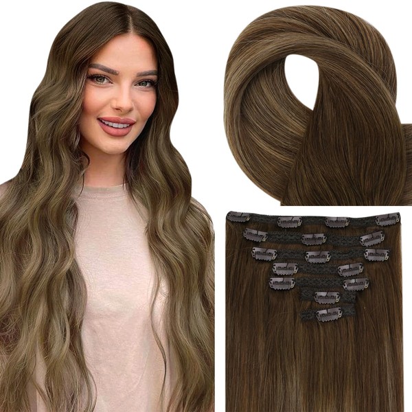 Fshine Clip-In Real Hair Extensions, 60 cm, 24 Inches, 120 g, 7 Pieces, Balayage, Chocolate, Brown, Mxied Caramel Blonde, Real Hair Extensions, Clip in #4/24/4