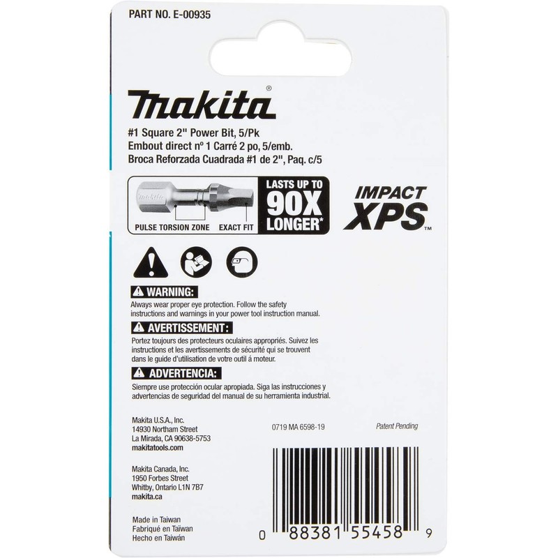 Makita E-00935 Impact XPS™ #1 Square 2" Power Bit, 5/pk