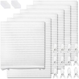Tlence 6 Pack Temporary Window Blinds, Light Filtering Paper Pleated Shades, Cordless Fabric Coverings with Adhesive and Clips, No Drilling Free Cut Size Paper Curtains for Bedroom, White