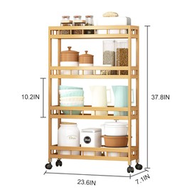 TIE-DailyNec 4-Tier Bamboo Kitchen Rolling Cart Removable Wood Trolley Island Cart, Utility Cart Multi-Layer Storage Shelf Rack on Wheels (23.6" L X 7.1" W X 37.8" H)