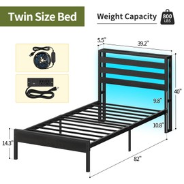 Yoobure Twin Bed Frames, Twin Bed Frame with Headboard and LED Lights, Beds with Charging Station, Wood Twin Bedframe for Kids, Twin Size Bed, Noise-Free, No Box Spring Needed, Easy Assembly