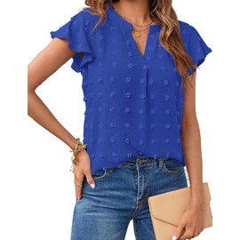MEROKEETY Women Short Sleeve Notched V Neck Blouse Summer Casual Swiss Dot Boho Solid Top Royal Medium