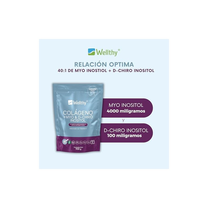 Wellthy Colageno Hidrolizado Myo Chiro Inositol 900g Ratio Azúcar Scoop