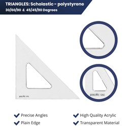 Pacific Arc Triángulo Scholastic - 12" - Transparente - Ángulo 45/90 - Borde liso - Poliestireno - Herramientas de dibujo técnico, dibujo, arquitecto e ingeniería.