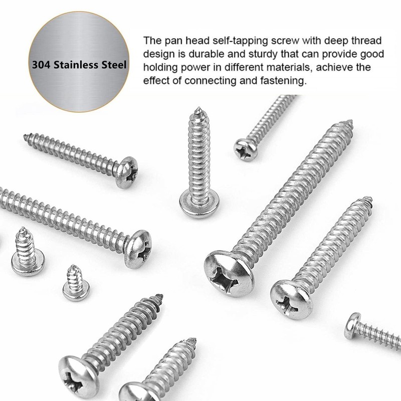 200PCS Self-Tapping Screws,304 Stainless Steel Round Head Tapping Screws,Full Threaded