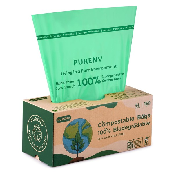 PURENV 150 Organic Compost Bin Liners, 6L Biodegradable Bin Bags, Robust Leak-Proof, Corn Starch Made Bin Liners (6L/10L/20L/30L) with EN13432 Certification