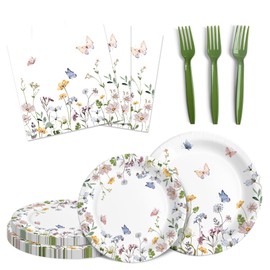 Audree 96 Pcs Wildflower Party Supplies, Disposable Paper Plates and Napkins Set For Spring, Baby Shower, Wedding, Birthday, Perfect For 24 Guests Set Dinner and Dessert Plates, Napkins, Plastic Forks | AUDREE