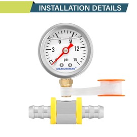 MEASUREMAN 0-15 Psi Glycerin Filled Fuel Pressure Gauge, 1.5” Dial, 304 Stainless Steel Case, 1/8” NPT Lower Mount, with 3/8” Fuel Line Adapter, Copper Tube & Fittings, Red Aluminum Pointer