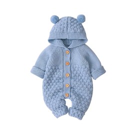 HKYFNNBW-Newborn Baby Winter Hoodie Romper, Long Sleeve Knitted Solid Color Button Jumpsuit (Blue, 0-6m)